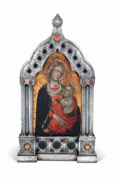 Madonna del Latte. Tempera su tavola a fondo oro di nei modi della pittura toscana trecentesca. Artista degli inizi del XX secolo prossimo a Icilio Federico Joni (Siena 1866-1946)  - Asta Dimore Italiane - Associazione Nazionale - Case d'Asta italiane