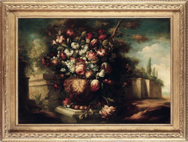 Scuola del XVIII secolo Natura morta con vaso di fiori entro paesaggio  - Asta Dipinti Antichi - Associazione Nazionale - Case d'Asta italiane