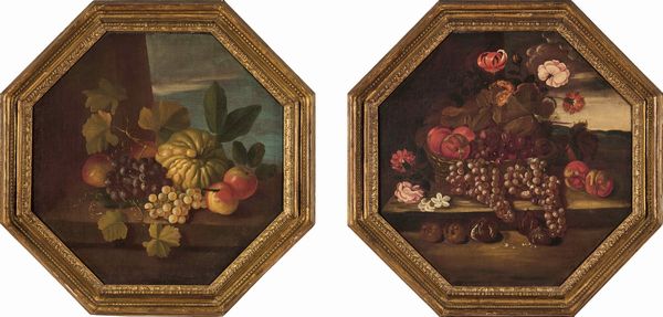 Scuola del XVIII secolo Nature morte con composizioni di fiori e frutti  - Asta Dipinti Antichi - Associazione Nazionale - Case d'Asta italiane