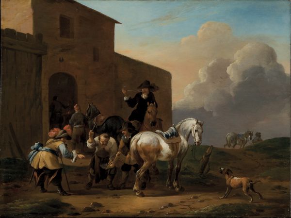 Simon Johannes van Douw : Cavalieri presso la bottega di un maniscalco  - Asta Dipinti Antichi - Associazione Nazionale - Case d'Asta italiane