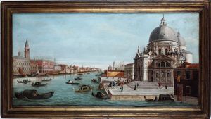 Scuola del XIX secolo Veduta di Palazzo Ducale e della Basilica della Salute di Venezia  - Asta Dipinti Antichi - Associazione Nazionale - Case d'Asta italiane