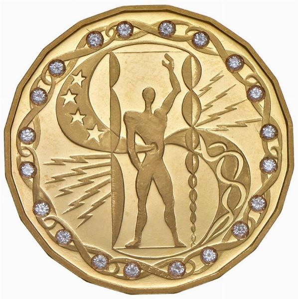 MEDAGLIA “III MILLENNIO” CONIATA DALL’ISTITUTO POLIGRAFICO E ZECCA DELLO STATO OPUS CRETARA REALIZZATA IN ORO 917 E CORREDATA DA 20 DIAMANTI  - Asta AUREA. MONETE E MEDAGLIE IN ORO E UNA SELEZIONE DI MEDAGLIE BORBONICHE - Associazione Nazionale - Case d'Asta italiane