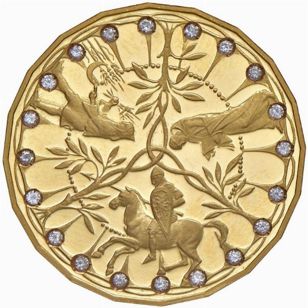 MEDAGLIA “III MILLENNIO” CONIATA DALL’ISTITUTO POLIGRAFICO E ZECCA DELLO STATO OPUS CRETARA REALIZZATA IN ORO 917 E CORREDATA DA 20 DIAMANTI  - Asta AUREA. MONETE E MEDAGLIE IN ORO E UNA SELEZIONE DI MEDAGLIE BORBONICHE - Associazione Nazionale - Case d'Asta italiane