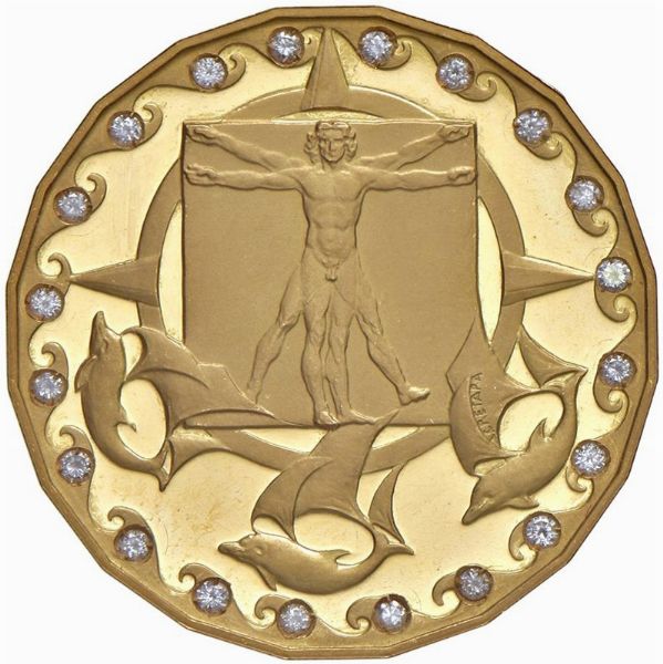 MEDAGLIA “III MILLENNIO” CONIATA DALL’ISTITUTO POLIGRAFICO E ZECCA DELLO STATO OPUS CRETARA REALIZZATA IN ORO 917 E CORREDATA DA 20 DIAMANTI  - Asta AUREA. MONETE E MEDAGLIE IN ORO E UNA SELEZIONE DI MEDAGLIE BORBONICHE - Associazione Nazionale - Case d'Asta italiane