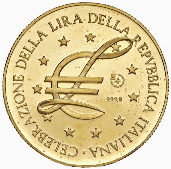 MEDAGLIA IN ORO 999,9 PER LA CELEBRAZIONE DELLA LIRA DELLA REPUBBLICA ITALIANA CORREDATA DA CINQUE DIAMANTI  - Asta AUREA. MONETE E MEDAGLIE IN ORO E UNA SELEZIONE DI MEDAGLIE BORBONICHE - Associazione Nazionale - Case d'Asta italiane