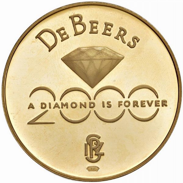 MEDAGLIA DE BEERS IN ORO 917 CORREDATA DA CINQUE DIAMANTI OPUS L. CRETARA  - Asta AUREA. MONETE E MEDAGLIE IN ORO E UNA SELEZIONE DI MEDAGLIE BORBONICHE - Associazione Nazionale - Case d'Asta italiane