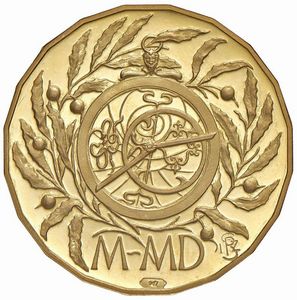 MEDAGLIA “III MILLENNIO” CONIATA DALL’ISTITUTO POLIGRAFICO E ZECCA DELLO STATO OPUS CRETARA REALIZZATA IN ORO 917 E CORREDATA DA 20 DIAMANTI  - Asta AUREA. MONETE E MEDAGLIE IN ORO E UNA SELEZIONE DI MEDAGLIE BORBONICHE - Associazione Nazionale - Case d'Asta italiane