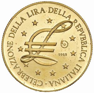 MEDAGLIA IN ORO 999,9 PER LA CELEBRAZIONE DELLA LIRA DELLA REPUBBLICA ITALIANA CORREDATA DA CINQUE DIAMANTI  - Asta AUREA. MONETE E MEDAGLIE IN ORO E UNA SELEZIONE DI MEDAGLIE BORBONICHE - Associazione Nazionale - Case d'Asta italiane