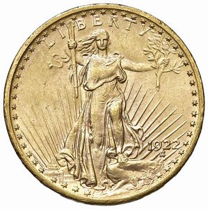 STATI UNITI. 20 DOLLARI 1922 SAINT GAUDENS  - Asta AUREA. MONETE E MEDAGLIE IN ORO E UNA SELEZIONE DI MEDAGLIE BORBONICHE - Associazione Nazionale - Case d'Asta italiane