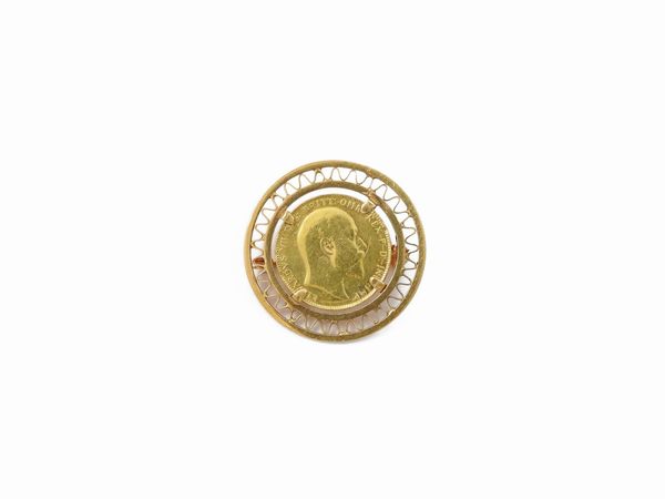 Spilla in oro giallo con una moneta da una sterlina  - Asta Gioielli e Orologi - Associazione Nazionale - Case d'Asta italiane