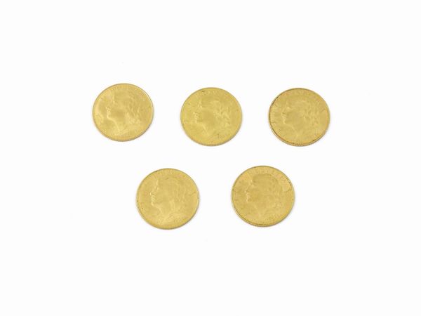 Cinque monete da 10 Franchi Svizzeri  - Asta Gioielli e Orologi - Associazione Nazionale - Case d'Asta italiane