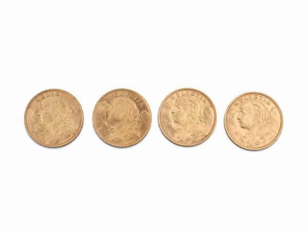 Quattro monete da 20 franchi svizzeri in oro  - Asta Gioielli e Orologi - Associazione Nazionale - Case d'Asta italiane