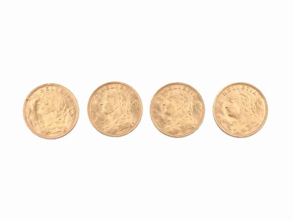 Quattro monete da 20 franchi svizzeri  - Asta Gioielli e Orologi - Associazione Nazionale - Case d'Asta italiane