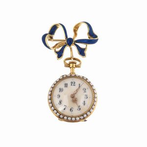 HENRY LEWIS & CO. OROLOGIO DA TASCA IN SMALTI CON SPILLA FIOCCO  - Asta OROLOGI - Associazione Nazionale - Case d'Asta italiane