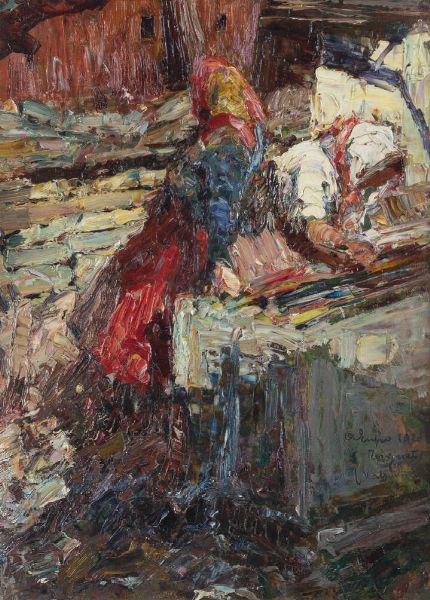 ALESSANDRO LUPO Torino 1876 - 1953 : Studio per il dipinto il lavatoio pubblico di Tignet (Val di Susa) 1920  - Asta Dipinti e Sculture - Associazione Nazionale - Case d'Asta italiane