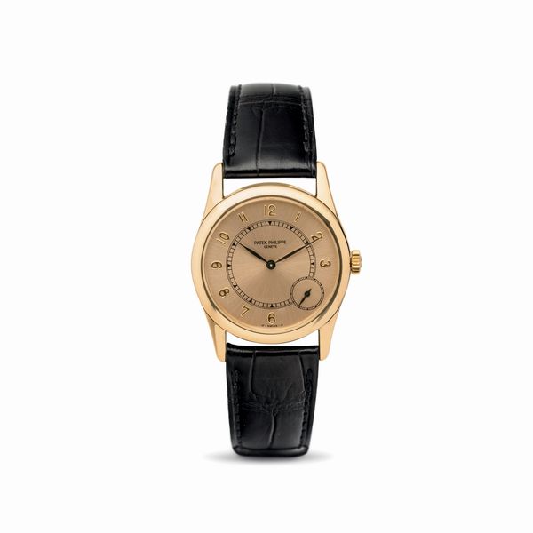 PATEK PHILIPPE : Elegante Calatrava ref 5000 R in oro rosa 18k, quadrante Salmone con numeri Arabi applicati e piccoli secondi ad ore 4, movimento automatico con microrotore e fondo a vista  - Asta Orologi da Polso - Associazione Nazionale - Case d'Asta italiane