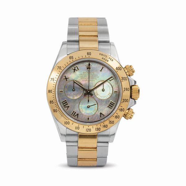 ROLEX : Iconico e ricercato orologio da polso Daytona ref 116523 automatico in acciaio e oro giallo 18k con quadrante in madreperla in ottimo stato di conservazione<BR>  - Asta Orologi da Polso - Associazione Nazionale - Case d'Asta italiane