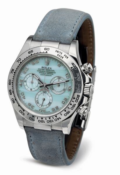 ROLEX : Attraente ed unico Cosmograph Daytona ref 116519 con quadrante in madreperla azzurra, cassa in oro bianco 18k corredato da scatola e garanzia  - Asta Orologi da Polso - Associazione Nazionale - Case d'Asta italiane