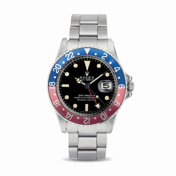 ROLEX : GMT Master Pepsi ref 1675 Long E in acciaio con ghiera girevole bicolore, quadrante nero opaco pallettoni, bracciale Oyster ripiegato, corredato da scatola garanzia e fattura d'acquisto originale  - Asta Orologi da Polso - Associazione Nazionale - Case d'Asta italiane