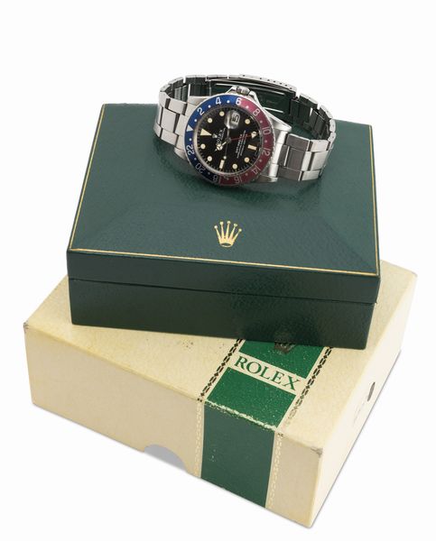 ROLEX : GMT Master Pepsi ref 1675 Long E in acciaio con ghiera girevole bicolore, quadrante nero opaco pallettoni, bracciale Oyster ripiegato, corredato da scatola garanzia e fattura d'acquisto originale  - Asta Orologi da Polso - Associazione Nazionale - Case d'Asta italiane