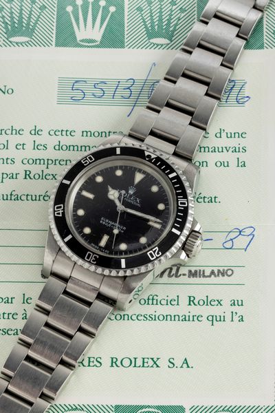 ROLEX : Iconico Submariner ref 5513 in acciaio inossidabile transizionale con vetro plastica e quadrante nero lucido Bicchierini, movimento automatico e bracciale Oyster  - Asta Orologi da Polso - Associazione Nazionale - Case d'Asta italiane