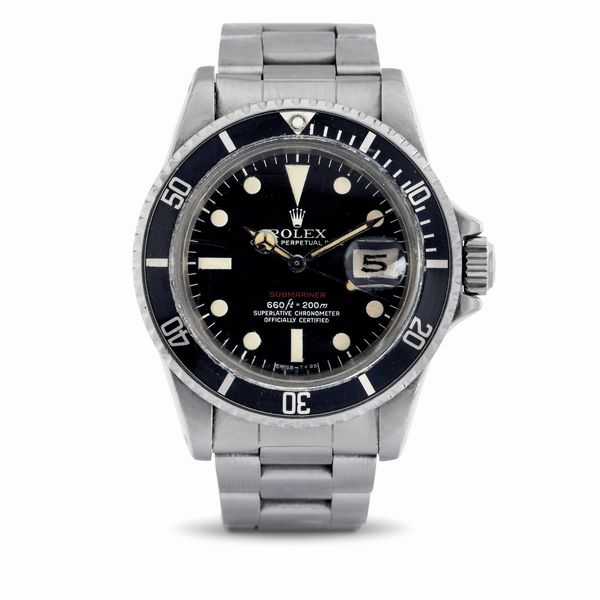 ROLEX : Submariner ref 1680 Scritta Rossa Mark V, quadrante nero opaco con pallettoni al trizio, ghiera girevole nera metallica, accompagnato da garanzia traforata originale  - Asta Orologi da Polso - Associazione Nazionale - Case d'Asta italiane