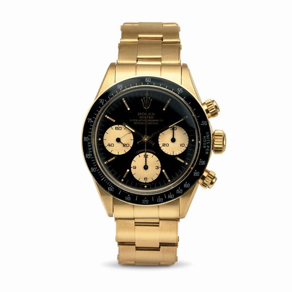 ROLEX : Eccezionale Cosmograph Daytona ref 6263 in oro giallo 18k, quadrante nero contatori champagne, ghiera nera acrilica, bracciale rivettato accompagnato da garanzia originale  - Asta Orologi da Polso - Associazione Nazionale - Case d'Asta italiane