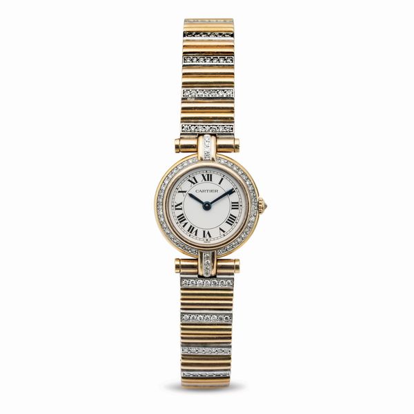 CARTIER : Raffinato orologio da polso in oro giallo e bianco 18k con diamanti su cassa e bracciale con movimento al quarzo  - Asta Orologi da Polso - Associazione Nazionale - Case d'Asta italiane