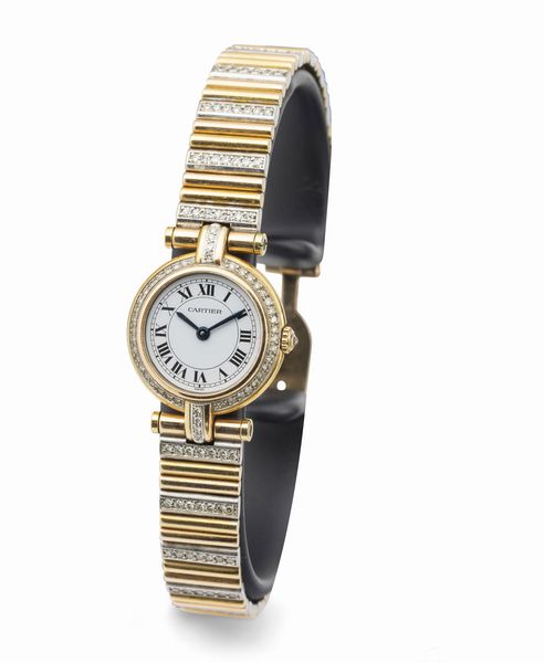 CARTIER : Raffinato orologio da polso in oro giallo e bianco 18k con diamanti su cassa e bracciale con movimento al quarzo  - Asta Orologi da Polso - Associazione Nazionale - Case d'Asta italiane