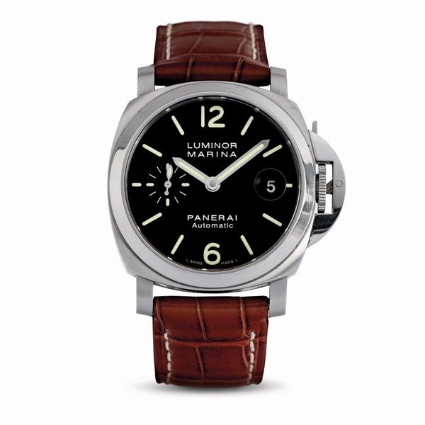 OFFICINE PANERAI : Intrigante Panerai Luminor Marina automatico in acciaio, quadrante nero con lancette e indici a bastone luminosi  - Asta Orologi da Polso - Associazione Nazionale - Case d'Asta italiane