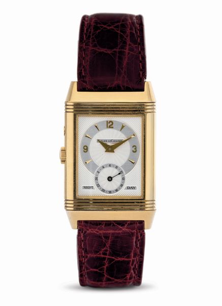 Jaeger-LeCoultre : Pregiato orologio da polso Reverso in oro giallo a forma rettangolare con doppio quadrante reversibile, piccoli secondi, indicazione del giorno e della notte  - Asta Orologi da Polso - Associazione Nazionale - Case d'Asta italiane