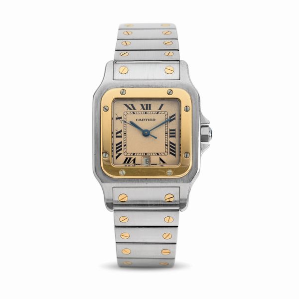 CARTIER : Iconico Santos Lady acciaio e oro giallo 18 k, movimento al quarzo, quadrante argent con numeri Romani e datario ad ore sei  - Asta Orologi da Polso - Associazione Nazionale - Case d'Asta italiane