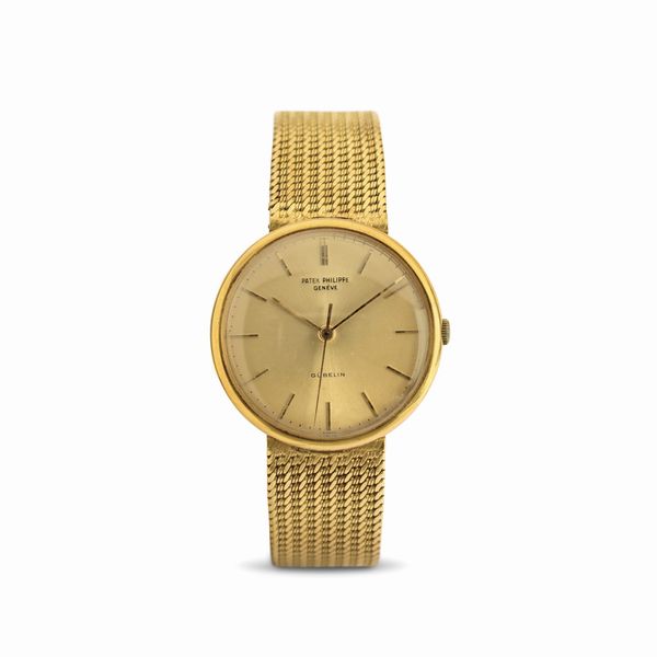 PATEK PHILIPPE : Calatrava Disco Volante ref 3495 in oro giallo 18k, quadrante dorato personalizzato per Gubelin con indici applicati e secondi centrali, bracciale originale  - Asta Orologi da Polso - Associazione Nazionale - Case d'Asta italiane