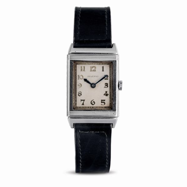 Jaeger-LeCoultre : Elegante e raro Reverso anni '30 in acciaio, quadrante bianco con numeri Dec, a carica manuale  - Asta Orologi da Polso - Associazione Nazionale - Case d'Asta italiane