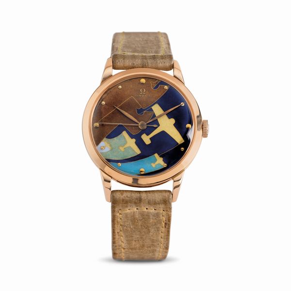 OMEGA : Raro e attraente orologio da polso in oro rosa 18k quadrante in smalto cloisonn raffigurante una flotta di aerei in volo e una mappa della costa corredato da scatola e garanzia  - Asta Orologi da Polso - Associazione Nazionale - Case d'Asta italiane