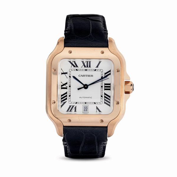 CARTIER : Santos in oro rosa 18k, movimento automatico con quadrante argent e numeri romani, corredato da scatola e garanzia in ottimo stato di conservazione  - Asta Orologi da Polso - Associazione Nazionale - Case d'Asta italiane