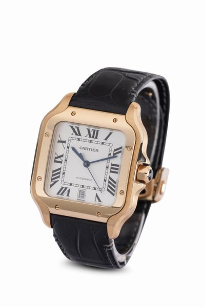 CARTIER : Santos in oro rosa 18k, movimento automatico con quadrante argent e numeri romani, corredato da scatola e garanzia in ottimo stato di conservazione  - Asta Orologi da Polso - Associazione Nazionale - Case d'Asta italiane