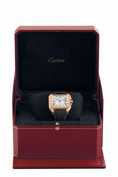 CARTIER : Santos in oro rosa 18k, movimento automatico con quadrante argent e numeri romani, corredato da scatola e garanzia in ottimo stato di conservazione  - Asta Orologi da Polso - Associazione Nazionale - Case d'Asta italiane