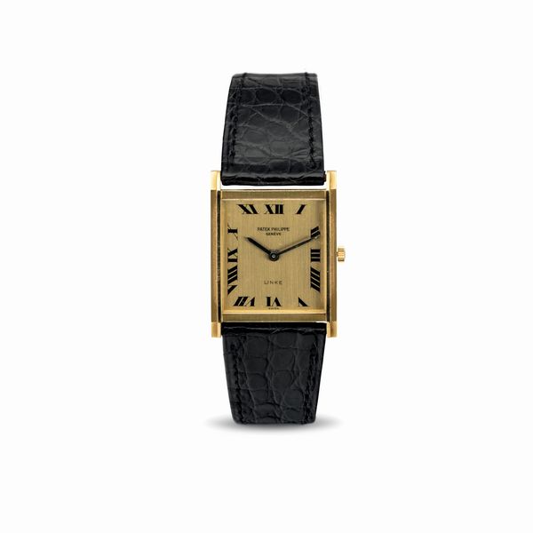 PATEK PHILIPPE : Gondolo in oro giallo 18k di forma rettangolare, quadrante dorato satinato double signed Oscar Linke con numeri Romani  - Asta Orologi da Polso - Associazione Nazionale - Case d'Asta italiane