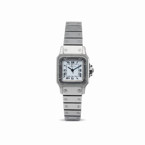 CARTIER : Elegante Santos Carr lady acciaio automatico, quadrante bianco con numeri Romani e cabochon sulla corona  - Asta Orologi da Polso - Associazione Nazionale - Case d'Asta italiane