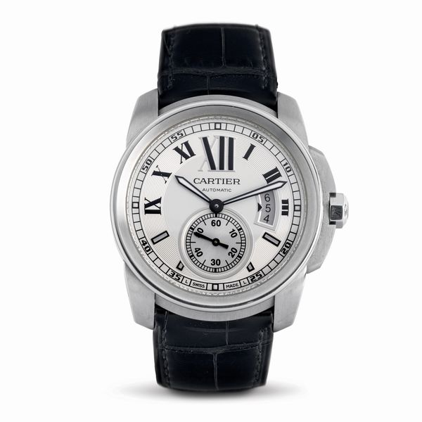 CARTIER : Calibre de Cartier a carica automatica con datario, in acciaio inossidabile, con quadrante argent con numeri Romani fondo a vista  - Asta Orologi da Polso - Associazione Nazionale - Case d'Asta italiane