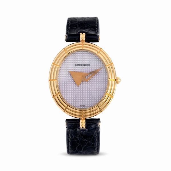 GERALD GENTA : Elegante orologio da polso di forma ovale, in oro giallo 18k, quadrante color malva accompagnato da garanzia originale  - Asta Orologi da Polso - Associazione Nazionale - Case d'Asta italiane