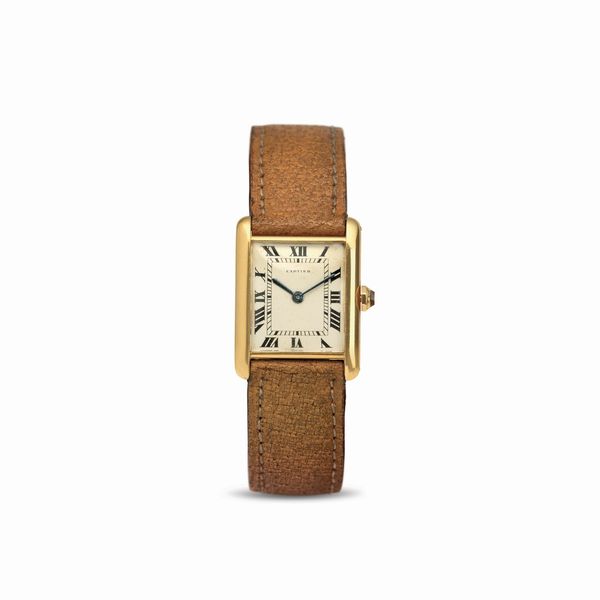 CARTIER : Elegante Tank Louis in oro giallo 18 kt a carica manuale, quadrante con numeri Romani, minuteria Chemin de Fer e deployante firmata Cartier  - Asta Orologi da Polso - Associazione Nazionale - Case d'Asta italiane