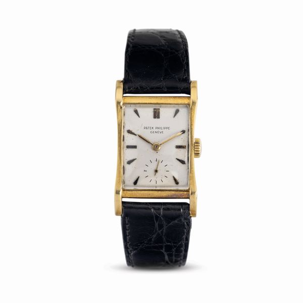 PATEK PHILIPPE : Elegante orologio di forma rettangolare ref 2456 in oro giallo 18k, carica manuale, quadrante argent con indici applicati e piccoli secondi al sei  - Asta Orologi da Polso - Associazione Nazionale - Case d'Asta italiane