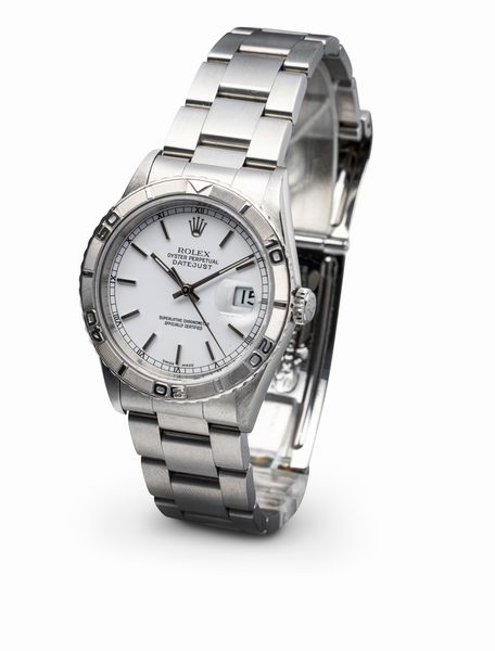 ROLEX : Classico Datejust Turnograph ref 16264 in acciaio inossidabile, quadrante bianco con indici applicati e ghiera girevole, bracciale Oyster, corredato da garanzia  - Asta Orologi da Polso - Associazione Nazionale - Case d'Asta italiane