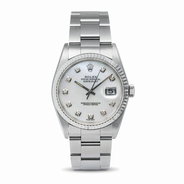 ROLEX : Datejust ref 16234 in acciaio, quadrante madreperla aftermarket, lunetta zigrinata in oro bianco, bracciale Oyster  movimento automatico  - Asta Orologi da Polso - Associazione Nazionale - Case d'Asta italiane