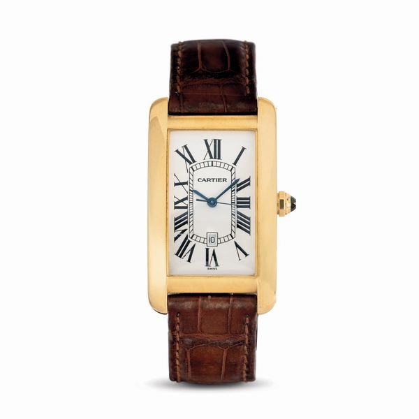 CARTIER : Prestigioso orologio Tank Americaine ref 1740, quadrante a lavorazione flinqu argentato, lancette a forma di gladio di acciaio azzurrato, con deployante originale  - Asta Orologi da Polso - Associazione Nazionale - Case d'Asta italiane