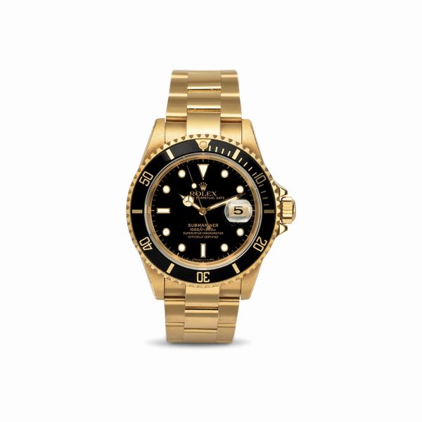 ROLEX : Prezioso Submariner 16618 in oro giallo 18k automatico, bracciale Oyster con chiusura Fliplock, quadrante nero bicchierini  - Asta Orologi da Polso - Associazione Nazionale - Case d'Asta italiane