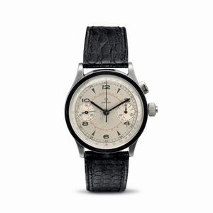 OMEGA - Raro cronografo Omega CK 987 di fine anni 30, cassa oversize in acciaio inossidabile prima serie con azzeramento alla corona, quadrante originale con doppia scala telemetrica e tachimetrica, accompagnato da estratto darchivio Omega<BR>