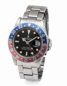 ROLEX : GMT Master Pepsi ref 1675 Long E in acciaio con ghiera girevole bicolore, quadrante nero opaco pallettoni, bracciale Oyster ripiegato, corredato da scatola garanzia e fattura d'acquisto originale  - Asta Orologi da Polso - Associazione Nazionale - Case d'Asta italiane